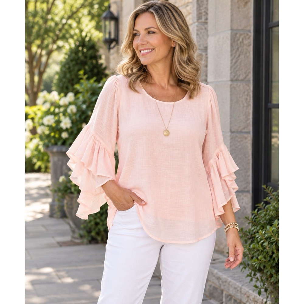 Joseph Ribkoff Size 12 Blush Pink Ruffle Bell Sleeve Sheer Blouse Top Lined